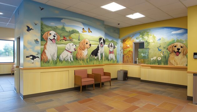 Bright and welcoming veterinary clinic interior featuring colorful dog murals and comfortable seating, creating a friendly atmosphere.