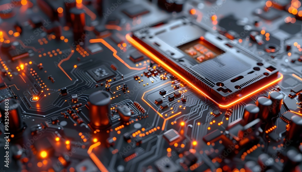 Poster close-up view of a modern circuit board with glowing components and intricate pathways, showcasing t