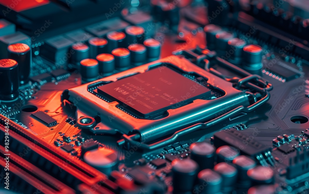 Poster close-up view of a modern computer motherboard with vibrant lighting, showcasing detailed circuitry 
