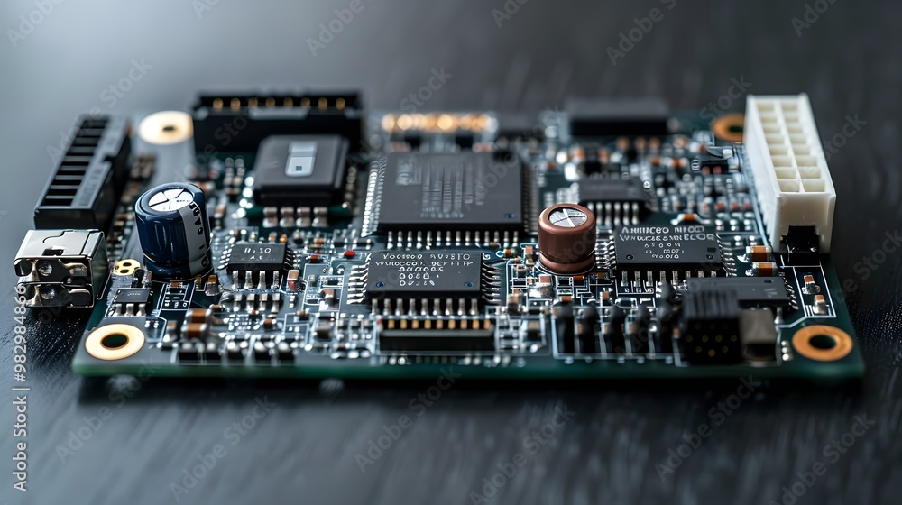 Poster close-up view of a computer circuit board showcasing intricate components and connections, ideal for
