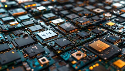 Obraz premium Close-up view of intricate circuit board featuring numerous microchips and processors with detailed textures and connections.