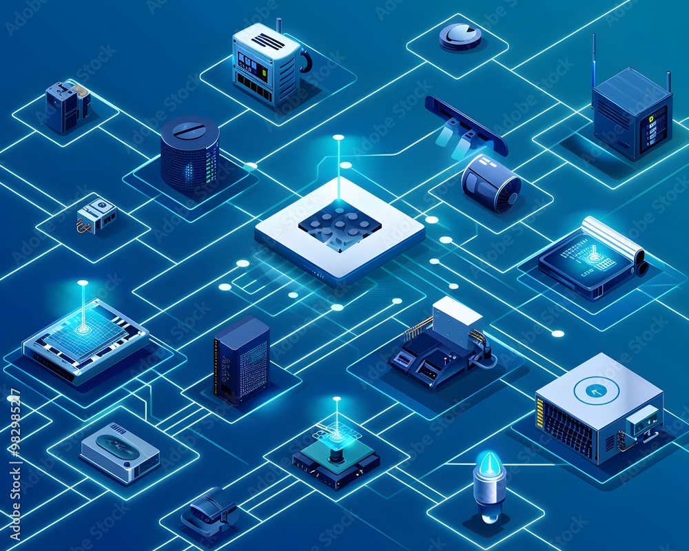 Poster futuristic digital network with interconnected devices and glowing elements, representing connectivi
