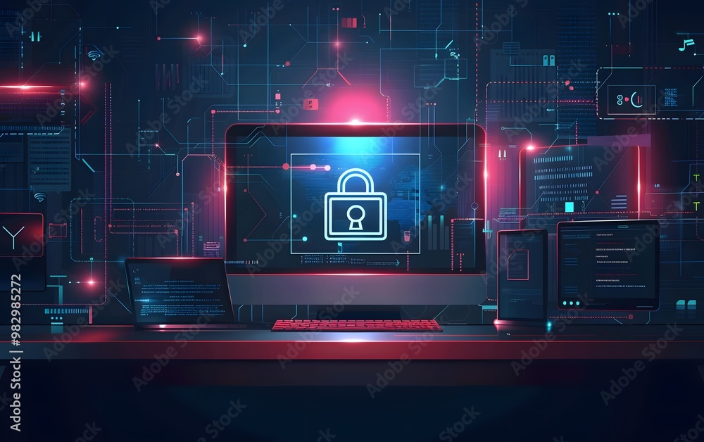 Poster futuristic digital workspace with a secure lock symbol, representing cybersecurity and data protecti