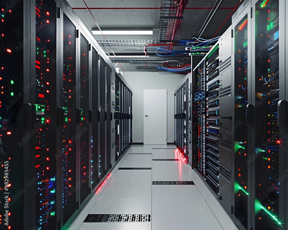 Poster interior view of a modern data center filled with server racks, illuminated by colorful lights for o