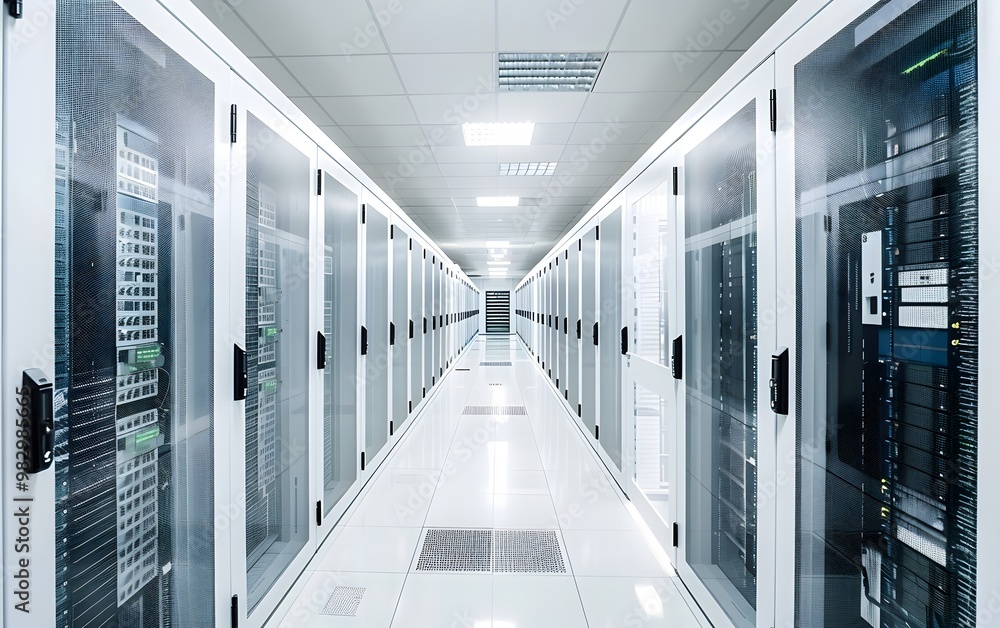Poster modern data center corridor showcasing high-tech server racks in a clean, organized environment for 