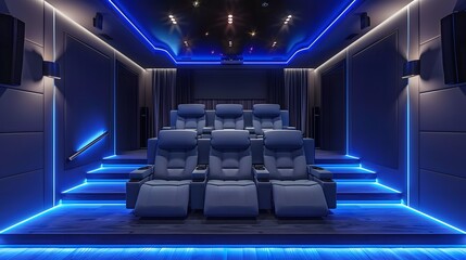 Modern home cinema design featuring blue LED lights, luxurious seating, and a cozy atmosphere for film enthusiasts.
