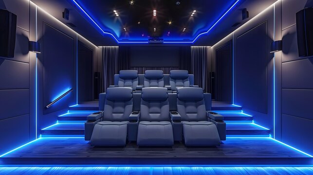 Modern home cinema design featuring blue LED lights, luxurious seating, and a cozy atmosphere for film enthusiasts.