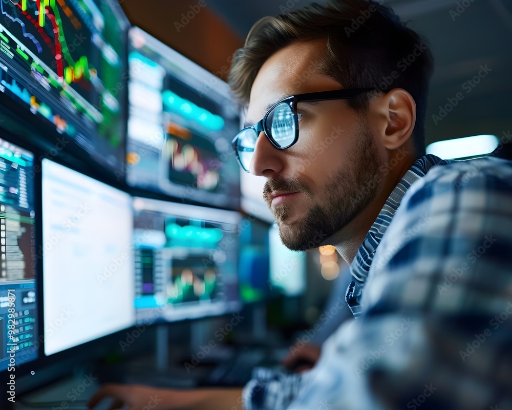 Aufkleber professional man analyzing data on multiple screens in a modern office, focused on financial graphs 