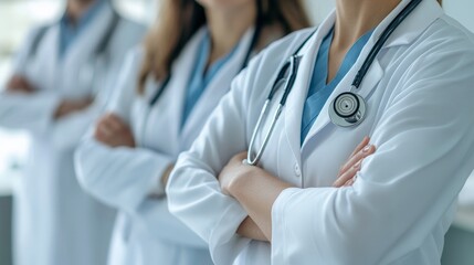 Three doctors stand together in white coats, with their arms crossed