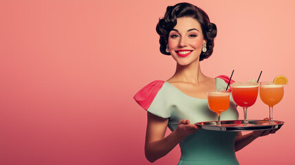 Vintage advertising retro commercial style bright pastel coloured image of a model housewife, wide landscape with copy space 16:9