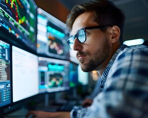 Professional man analyzing data on multiple screens in a modern office, focused on financial graphs and technology.