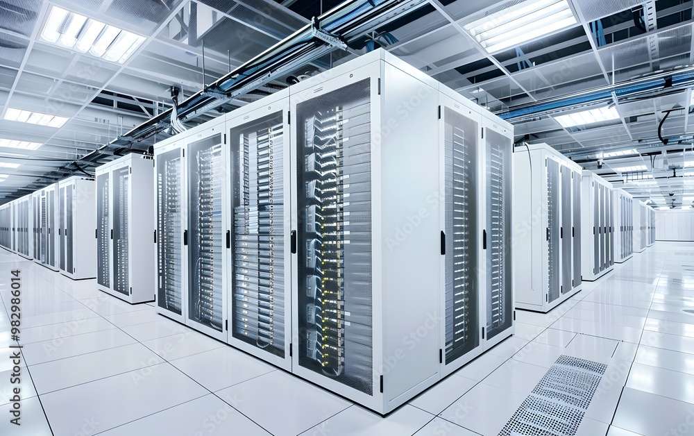 Poster this image showcases a modern data center with rows of server racks in a clean, high-tech environmen