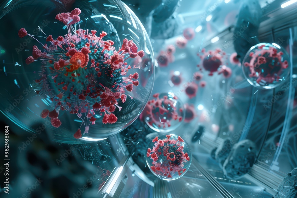 Poster 3d illustration of virus particles floating in a futuristic environment, highlighting the complexity
