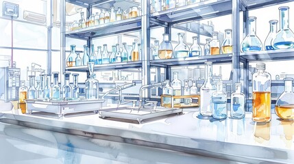 A beautifully organized laboratory filled with various glassware and colorful liquids, showcasing the essence of scientific exploration.