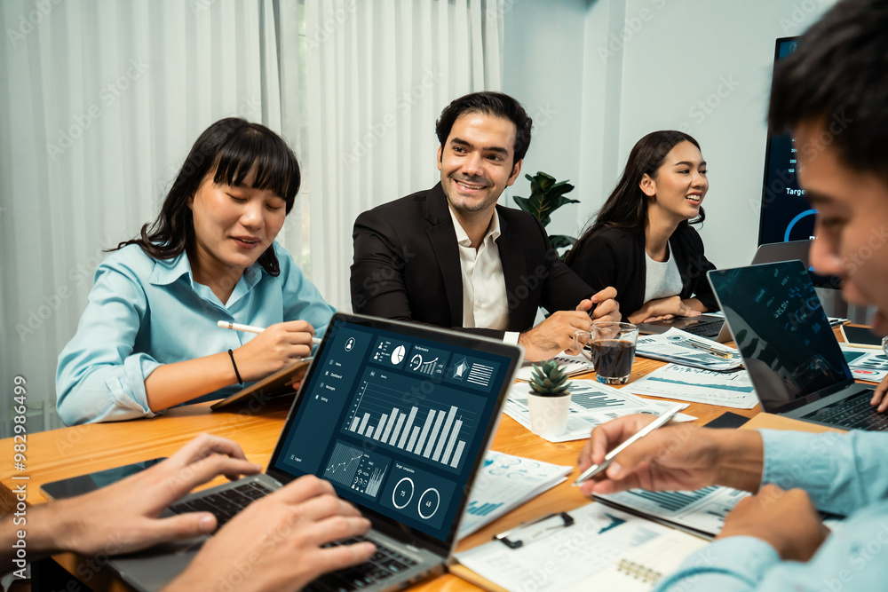Poster financial data analysis dashboard by fintech bi or business intelligence display on laptop screen to