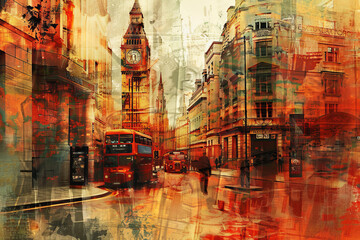 Fototapeta premium A painting of a city street with a clock tower in the background