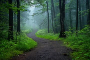 Obraz premium Mysterious forest path covered in early morning fog, evoking a sense of solitude and nature's quiet beauty. 