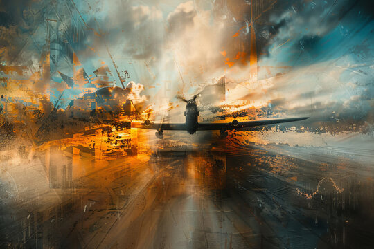 A painting of a plane flying through a city with a lot of smoke and fire
