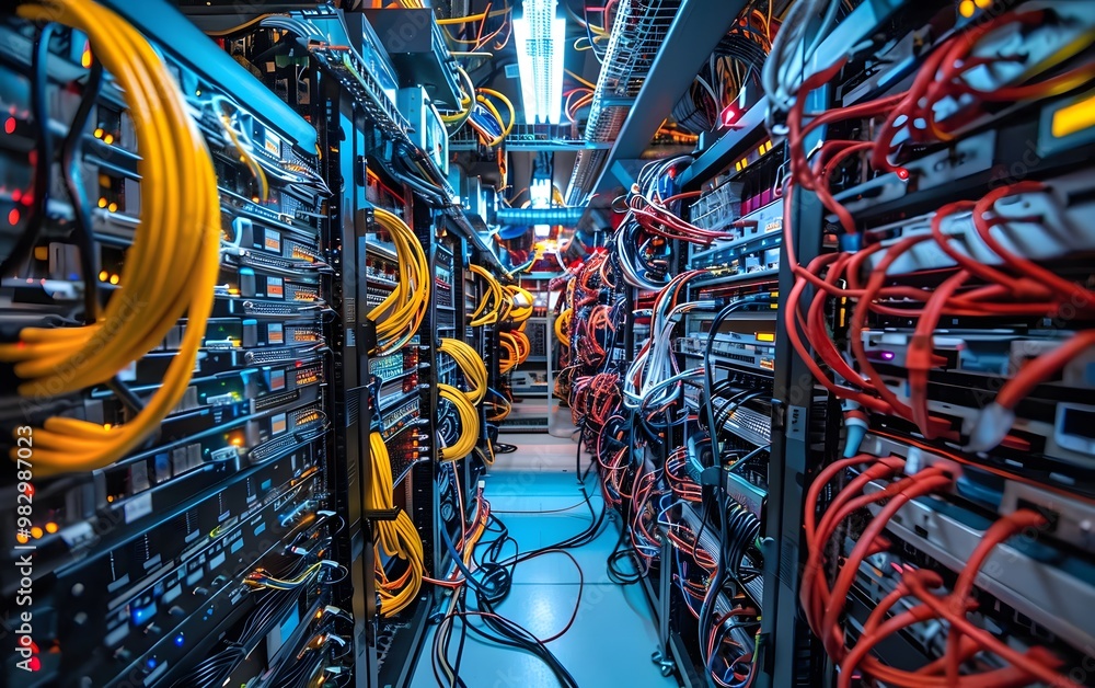 Aufkleber a detailed view of a data center, showcasing organized server racks and tangled networks of colorful