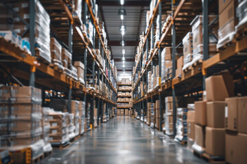 Fototapeta premium A warehouse with many boxes stacked on shelves