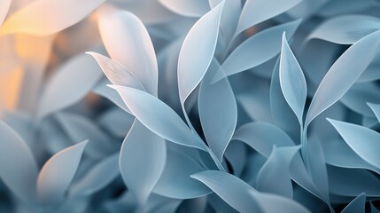 Abstract close-up of intricately layered, translucent blue leaves with fine texture and gentle light. Nature-inspired background with soft, flowing forms.