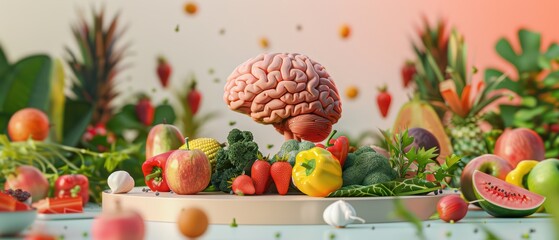 A colorful display of fresh fruits and vegetables surrounding a brain, symbolizing the connection between nutrition and mental health.