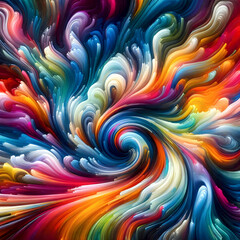 A vivid display of swirling, multicolored paint strokes creating a dynamic abstract pattern. The image is filled with energy, flow, and vibrant hues.