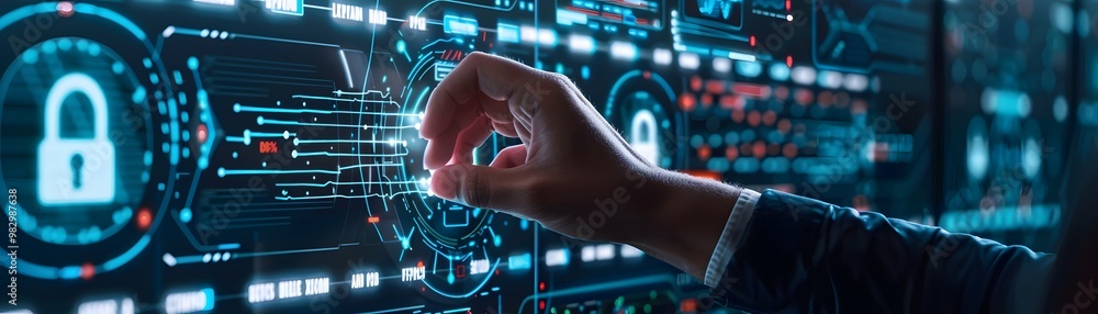 Poster a hand interacting with a digital interface, showcasing cybersecurity elements and modern technology