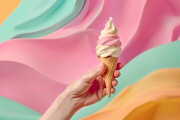 A delicious ice cream cone with swirls of pink and cream, set against a vibrant pastel backdrop, perfect for summer vibes.