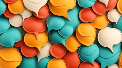 Colorful speech bubbles overlapping in a seamless pattern, featuring a mix of orange, teal, yellow, and beige shades on a neutral background.