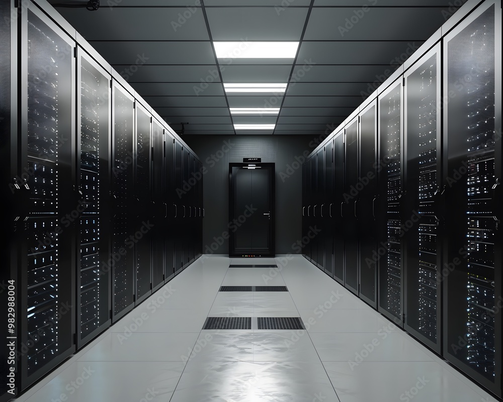 Aufkleber a modern data center corridor featuring rows of server racks, illuminated by bright ceiling lights, 