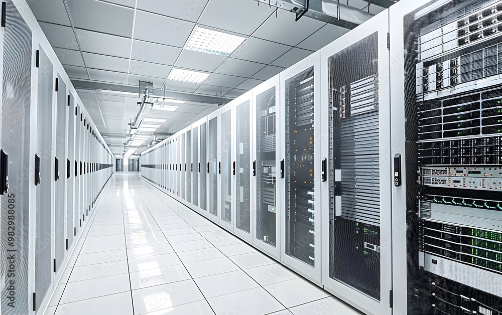 Aufkleber a modern data center corridor showcasing rows of server racks and advanced technology in a clean, or