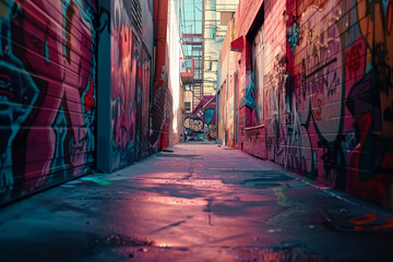 Fototapeta premium A graffiti covered alleyway with a light shining on the ground