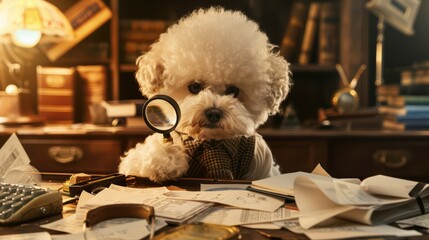 A fluffy dog wearing glasses inspects documents with a magnifying glass, surrounded by books and papers, evoking curiosity.