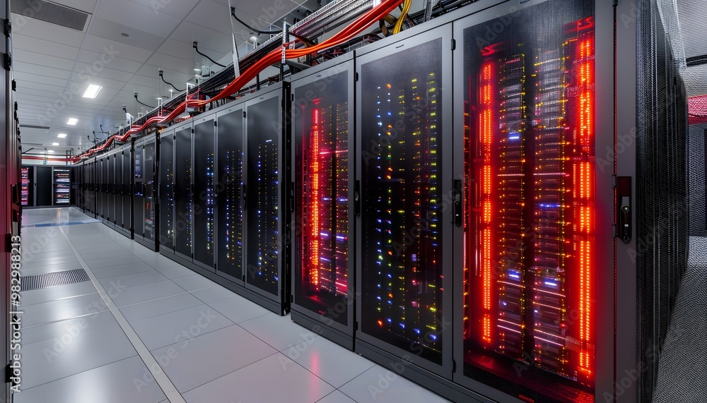 Poster a modern data center with rows of high-performance servers illuminated by vibrant lights, showcasing
