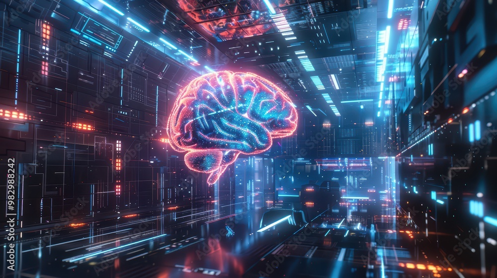 Aufkleber a futuristic representation of a glowing brain in a digital environment, symbolizing advanced techno