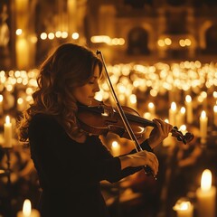 Elegant Violinist Performing in Soft Candlelight Atmosphere