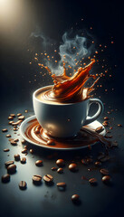 coffee cup with splashes vertical dark background
