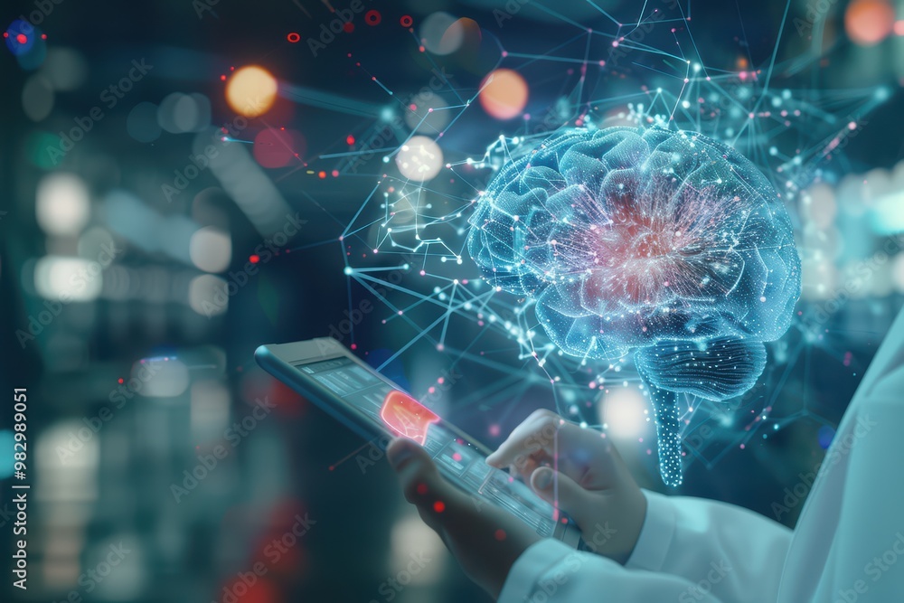 Aufkleber a person uses a smartphone with a digital brain overlay representing innovative technology and neura