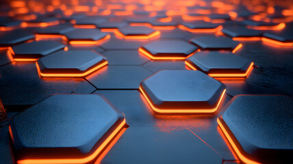 Obraz premium Hexagonal abstract metal background with orange light