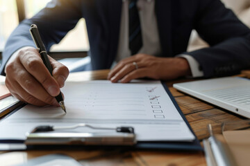 A man is writing on a piece of paper with a pen