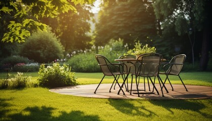 Fototapeta premium Stunningly designed backyard oasis featuring elegant outdoor furniture and lush landscaping