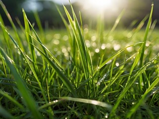 Obraz premium Green Grass Blades with Sunlight and Bokeh