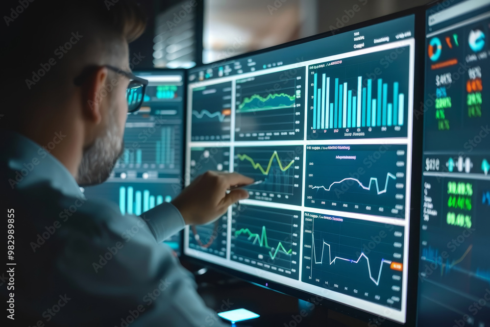 Poster a man is pointing at a computer monitor displaying multiple graphs