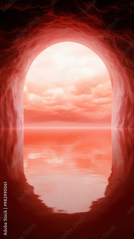 Canvas Prints a red cave with a large opening and a body of water in the background