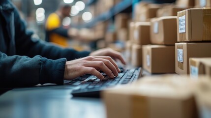 Warehouse Worker Using Computer Keyboard in Logistics Facility