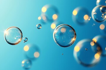 Naklejka premium Bubbles floating gently in the air, each one capturing a reflection of the bright blue sky and the world around them