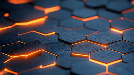 Hexagonal abstract metal background with orange light