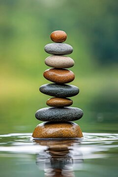 Carefully stacked rocks balanced on top of one another, creating a symbol of balance and tranquility in nature