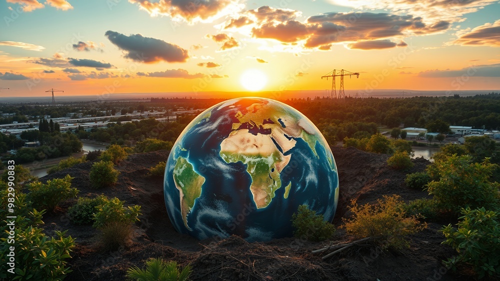 Sticker A globe sits half-buried in the ground, with the sunset shining over a cityscape in the background.